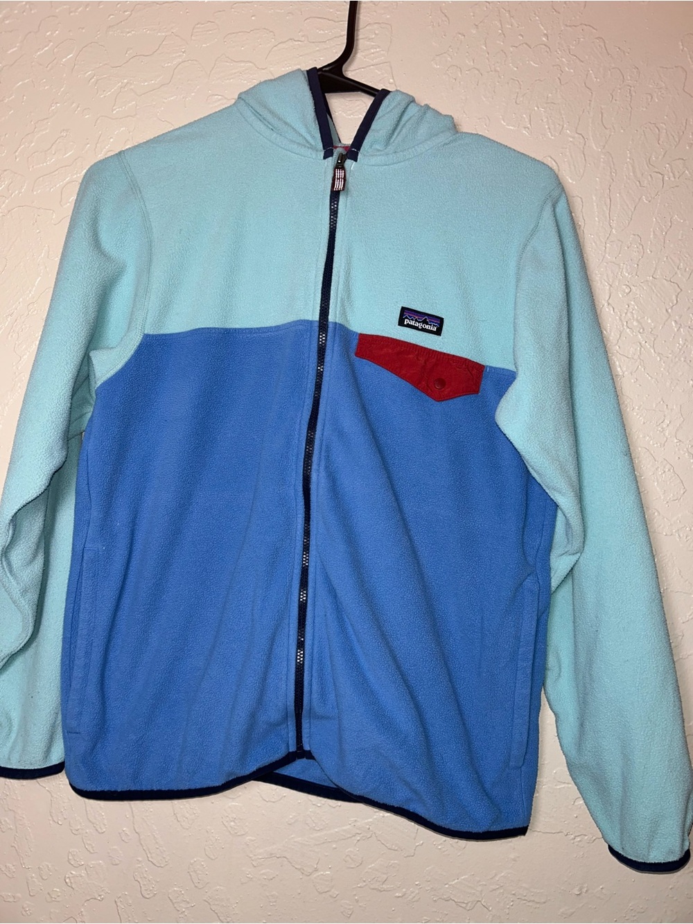 Patagonia Micro D Snap T-Fleece Jacket for Kids Pink/Blue, Zip-Up, Size XL (14)